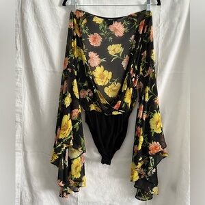 Forever 21 Sheer Flamenco Sleeves Floral Bodysuit NWOT(size Small)
